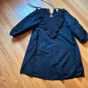 H&M Mini Black Dress Smocked Ruffled V-Neck Long Sleeve Size Small